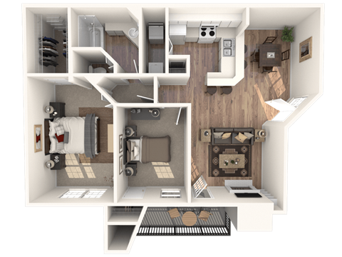 A 3D rendered image of a modern apartment layout.
